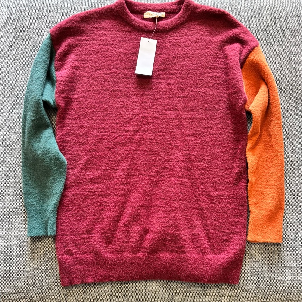 Moa Moa Crewneck Sweater - Burgundy, Teal, and Orange